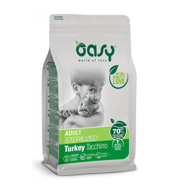 Oasy Adult Cat Sterilized Turkey sausas maistas su kalakutiena sterilizuotoms katėms