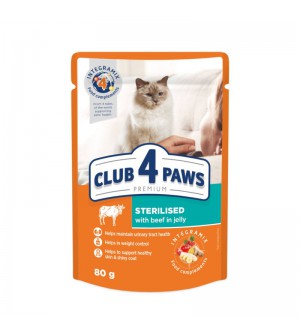 Club 4 Paws Premium konservai su jautiena drebučiuose sterilizuotoms katėms