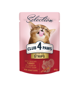 Club 4 Paws Premium Selection konservai - juostelės su kalakutiena kreminėje morkų sriuboje suaugusioms katėms